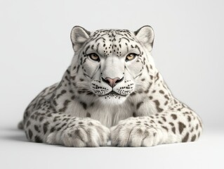 Obraz premium A majestic snow leopard rests with a calm demeanor, showcasing its striking white fur and dark spots against a clean background.
