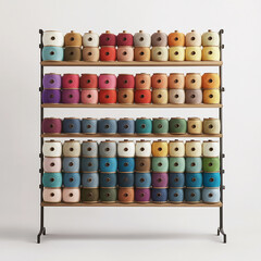 Colorful yarn spools neatly arranged on wooden shelves, symbolizing creativity, organization, and textile art in a minimalistic display.