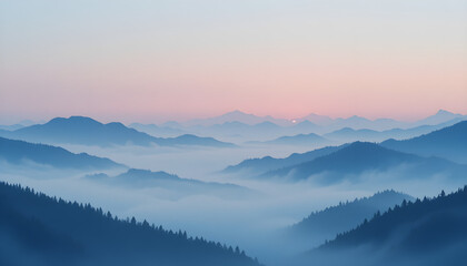 Obraz premium Serene Watercolor Landscape with Pastel Sky and Misty Mountain Silhouettes