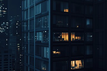 Obraz premium Night view of modern skyscraper, illuminated windows. Illustrates urban living, solitude, and city lights at night.