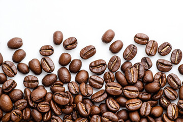 Obraz premium Freshly roasted coffee beans scattered on a clean surface ready for brewing. isolated on white background.