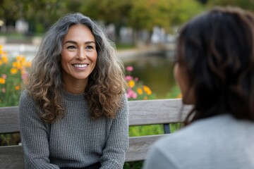 A joyful, smiling woman shares engaging conversation with a friend in a garden setting, surrounded by colorful flowers, radiating warmth and positive energy.
