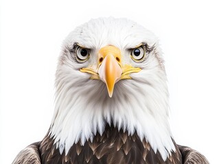 Obraz premium A striking close-up of a bald eagle, showcasing its intense gaze, sharp beak, and distinctive white head feathers against a plain background.