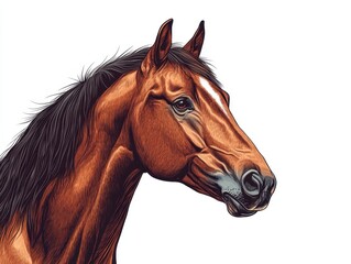 Obraz premium A detailed illustration of a horse's head, showcasing its majestic features and rich brown coat against a plain background.