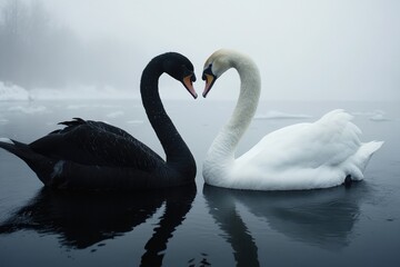 Fototapeta premium A black swan and a white swan, forming the shape of a heart on the lake surface.