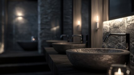 A bathroom with a dark color scheme and a few sinks