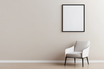 Modern chair in a minimalist room with a blank frame on the wall for customization.