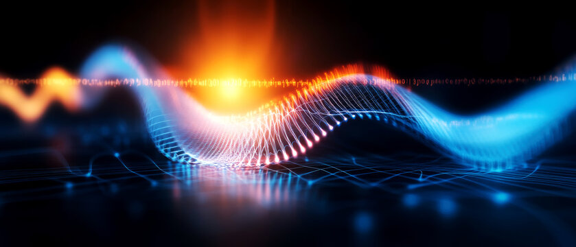 Dynamic hz therapy waves digital realm graphic visualization futuristic atmosphere close-up view concept of healing frequencies