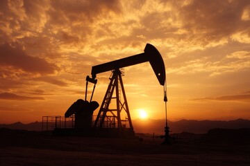 Oil pump jack operates at sunset in a remote location surrounded by mountains and a vibrant sky