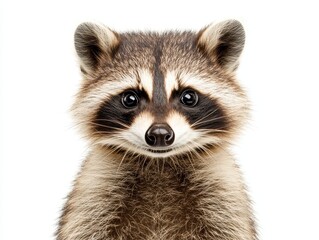 Fototapeta premium A cute raccoon with striking facial markings and bright eyes, showcasing its fluffy fur against a plain white background.