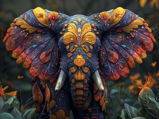 Naklejka premium a precise drawing of very cute jungle robotic elephant in a front facing view as though you are creating a precise drawing