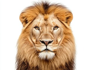 Fototapeta premium A majestic lion with a thick mane gazes directly at the viewer, showcasing its powerful presence and striking features against a plain background.