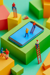 Miniature workers using ladders near a smartphone on a colorful background, representing the concept of digital growth, work, technology, and construction in a playful design.