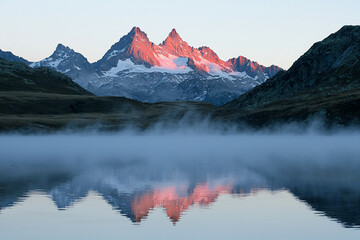 Naklejka premium Majestic mountain peaks reflecting in a serene lake at dawn, with mist rising in the foreground