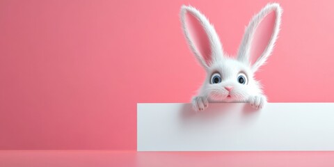 Cute fluffy white rabbit with big ears peeking over a blank sign on pink background