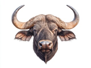Naklejka premium A detailed illustration of a buffalo head, showcasing its prominent horns and facial features against a plain background.