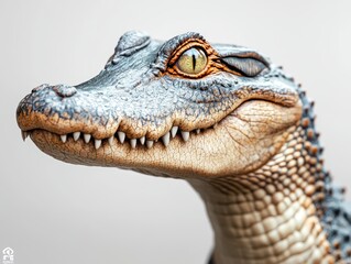 Obraz premium A close-up of a detailed crocodile head, showcasing its textured skin, sharp teeth, and an intense yellow eye, set against a neutral background.