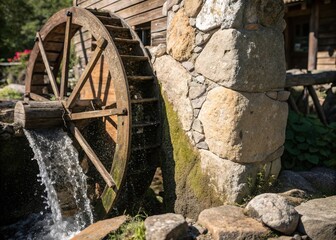 Obraz premium Vintage Close-up: Weathered Stone Blade on Rustic Water Wheel