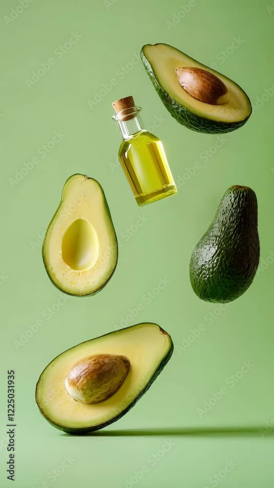 Poster fresh avocado oil in a glass bottle with cork and halved and whole avocados are levitating on a vibr