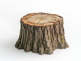 Isolated Tree Stump on White Background, showcasing its rough bark and unique texture