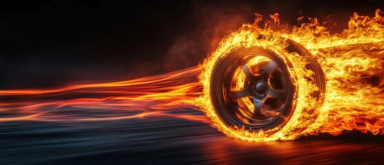 Dynamic Speeding Car Wheel with Vibrant Flames Trail - Automotive Racing Concept