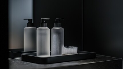 A black tray with three bottles of liquid and a brush