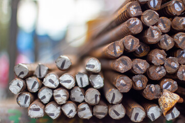Close-Up of Rusty Reinforcement Steel Bars for Construction Projects