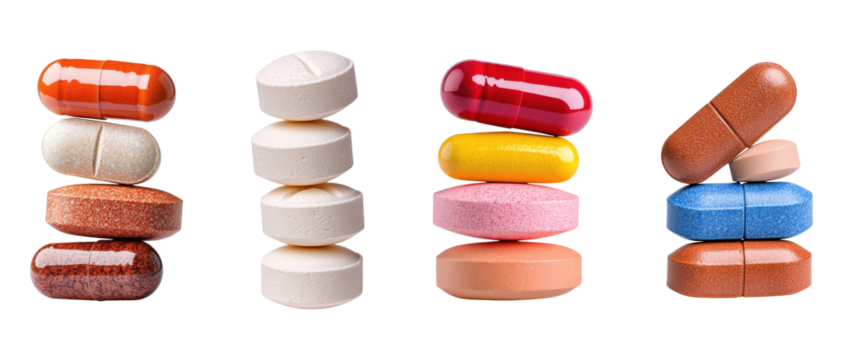 Set of colorful pills and capsules stacked, isolated on transparent background