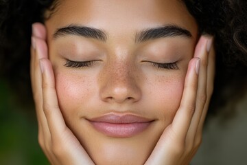 A natural close-up portrait of a woman smiling softly while hands frame her face, exuding tranquility and bliss in a serene and relaxed atmosphere.