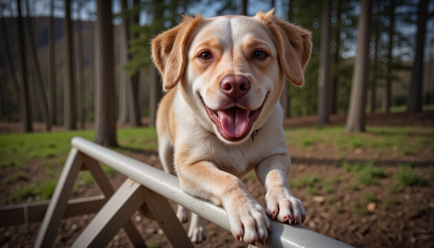 Cheerful canine athlete balancing on a narrow beam in a lush outdoor training setting - Powered by Adobe
