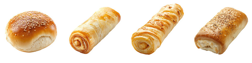Variety of Freshly Baked Breads and Pastries on White Background