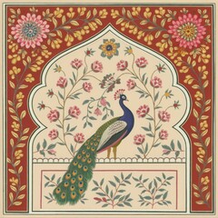 Peacock in Mughal Arch with Ornate Floral Motif