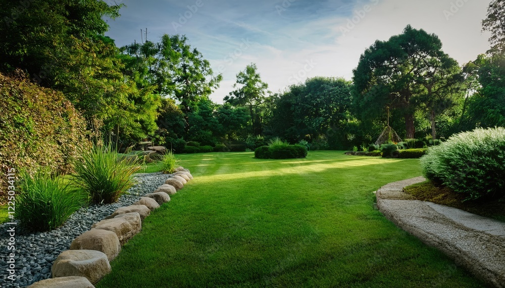 Wall mural Garden Landscaping with Stone Border and Lush Green Lawn 