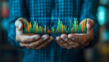 Hands Holding Digital Chart Displaying Stock Market Trends with Colorful Bars and Fluctuations in a Modern Financial Concept