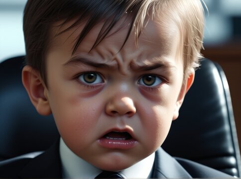Young child in business suit demonstrates serious expression while sitting in an office chair
