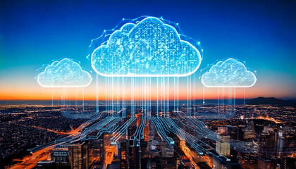 Stunning aerial view of a city at sunset, overlaid with a futuristic digital cloud network.  Illustrates concepts of data transfer, cloud computing, and smart city technology.