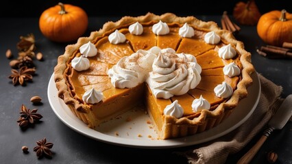 A freshly baked pumpkin pie with a golden-brown crust,
