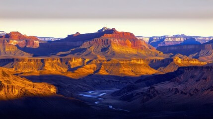 Fototapeta premium Vibrant sunset illuminating rugged mountain landscape with shadows across the terrain.