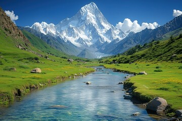 Majestic mountain landscape with sparkling river and lush greenery on a sunny day in the countryside