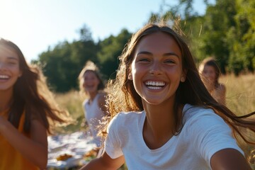 Obraz premium A lively outdoor gathering filled with spontaneous joy as a group of friends capture moments of laughter in the sunshine, enhancing the feeling of freedom and happiness.