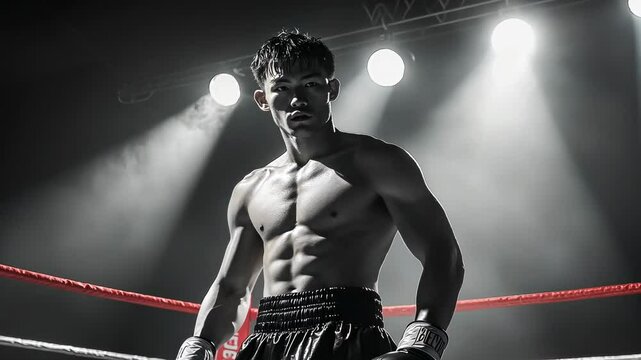 Young Asian male boxer in ring, spotlight highlighting him. Boxer prepares stance, tension palpable. Athlete focused before a fight, gym background. Fighter's intense gaze under arena lights. The