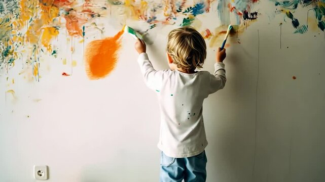 A child paints a gray wall in the living room with a roller, multicolored colors. A boy holds a large paint brush. Home renovation. Generative 4k video.