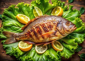 Vintage Grilled Tilapia on Lettuce - Crispy Skin, Culinary Food Photo
