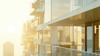 Fototapeta premium Golden hour sunlight on modern apartment building balconies.