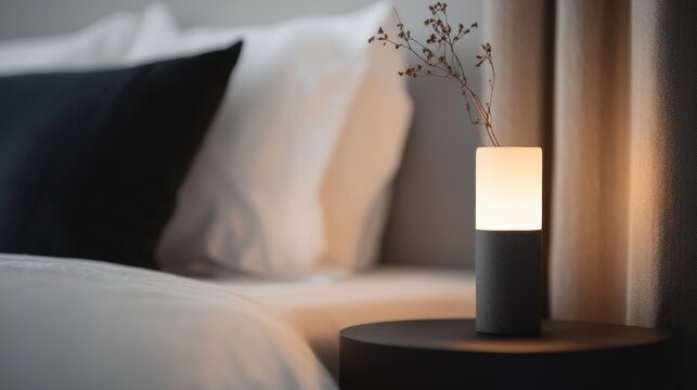 A small lamp sits on a table next to a bed