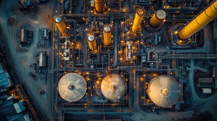 Aerial view of an industrial facility at dusk, showcasing illuminated storage tanks and pipes