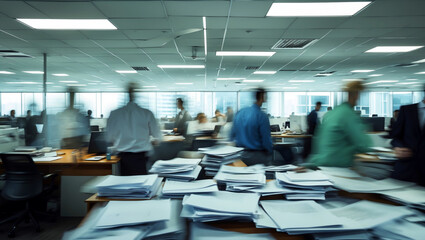 A chaotic office atmosphere with the movement of a sea of ​​blurred businessman activity and scattered documents