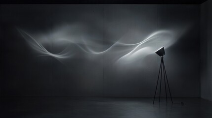 A black and white photo of a room with a light shining on a wall