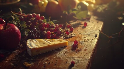 Rustic autumnal still life with cheese, fruit, and berries on wooden table.
