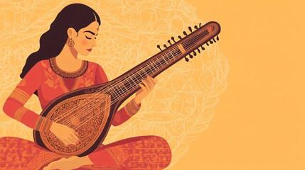 Female musician playing sitar instrument in flat vector illustration - Adobe Stock image